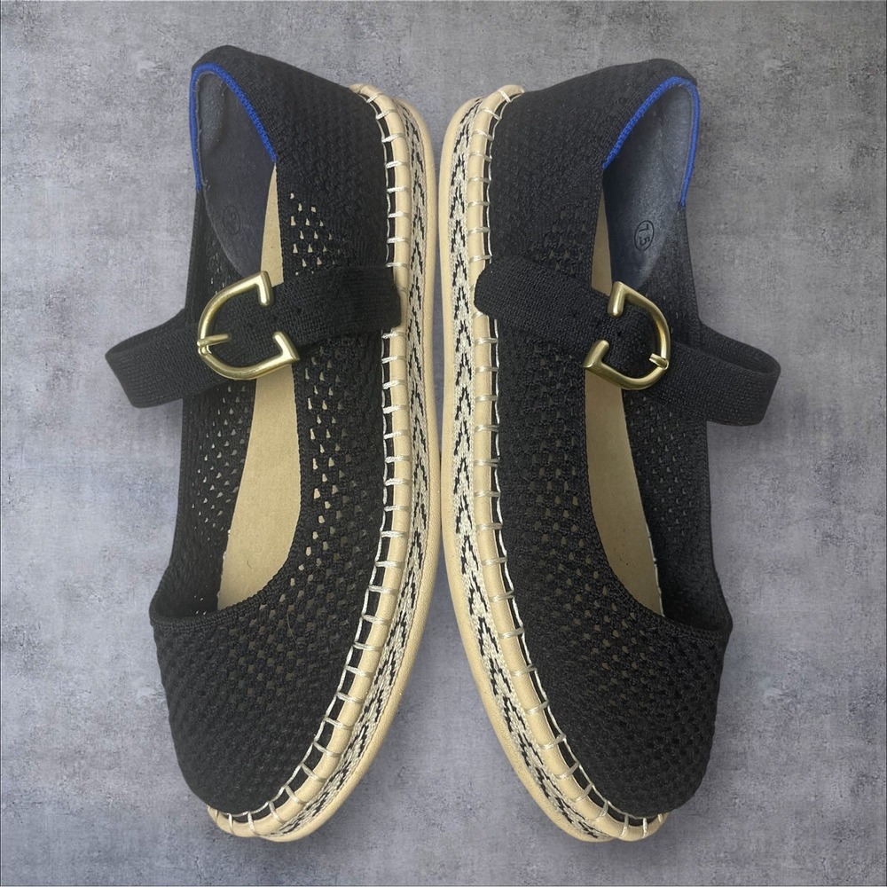Black Women's Espadrille Mary Jane Flats with Gold Buckle - Picture 5 of 9